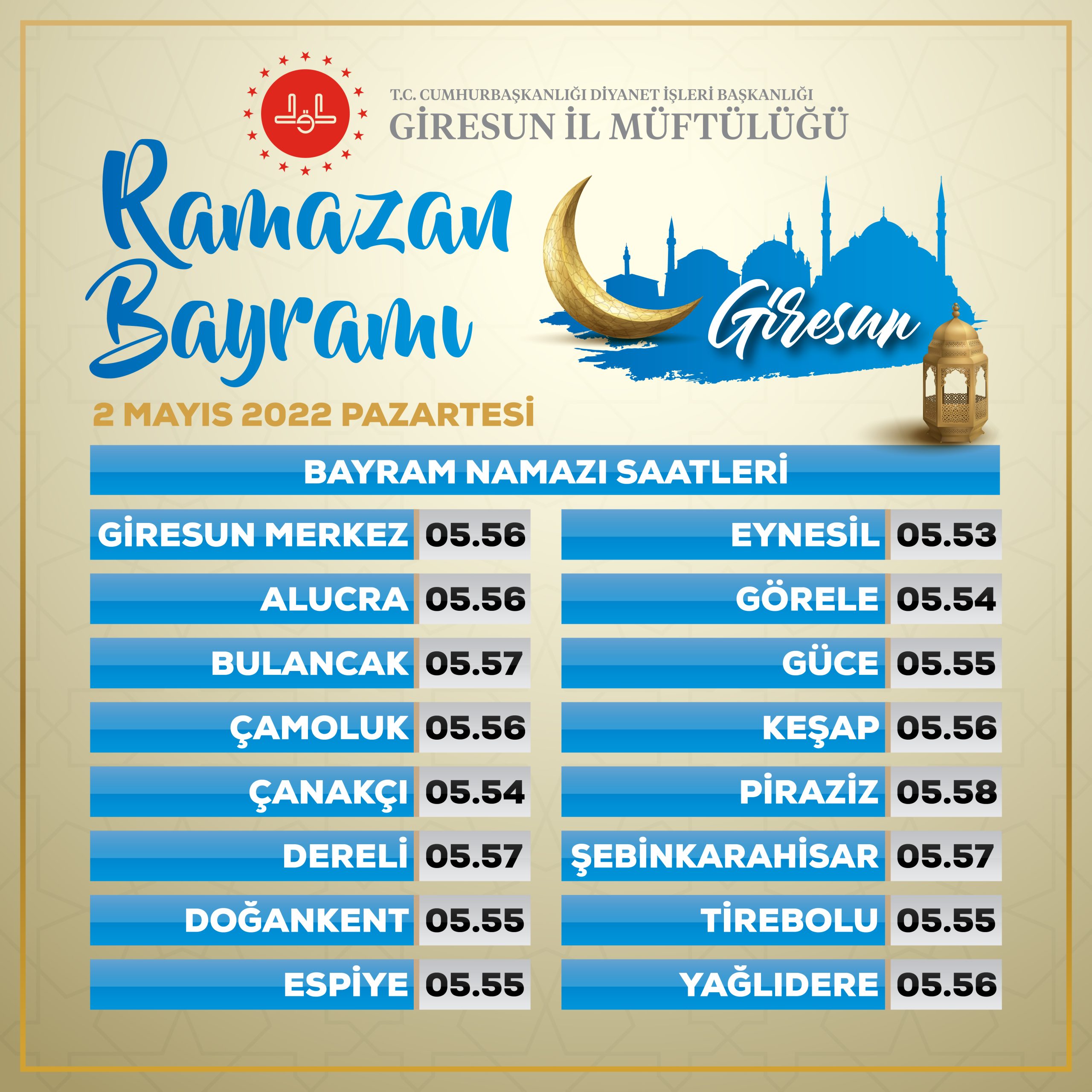 Giresun’da Bayram Namazı Saatleri!