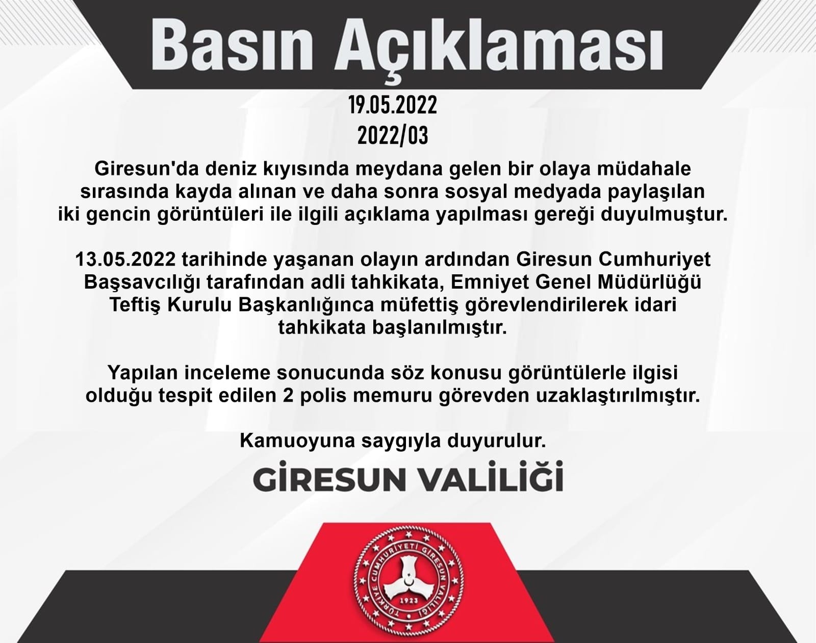 Giresun’da 2 polis memuruna görevden uzaklaştırma