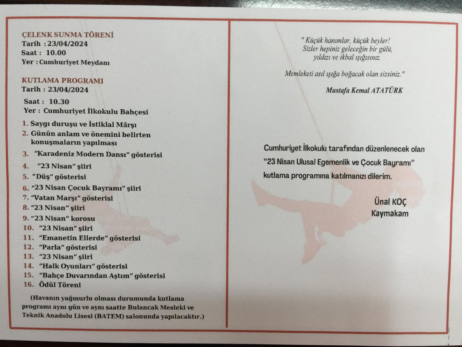BULANCAK’ta 23 NİSAN ULUSAL EGEMENLİK VE ÇOCUK BAYRAMI KUTLAMA PROGRAMI YAYIMLANDI