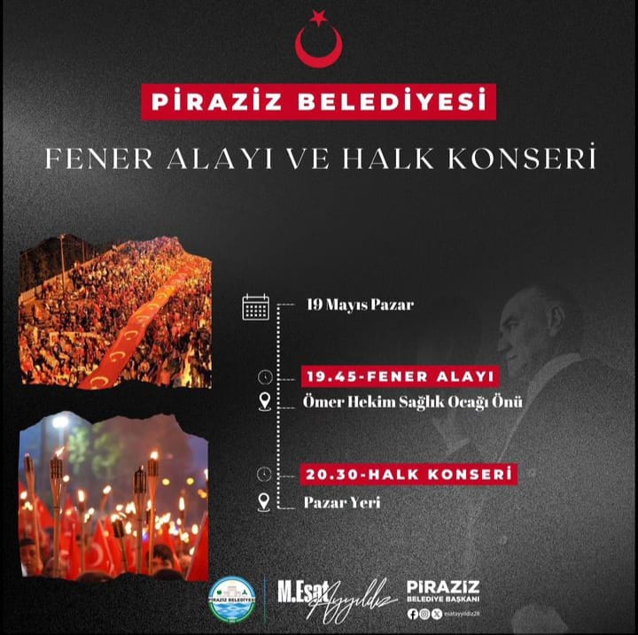 19 Mayıs Atatürk’ü Anma Gençlik ve Spor Bayramı kapsamında düzenlemiş olduğumuz Fener Alayı ve Halk Konseri etkinliklerimize tüm halkımız davetlidir.